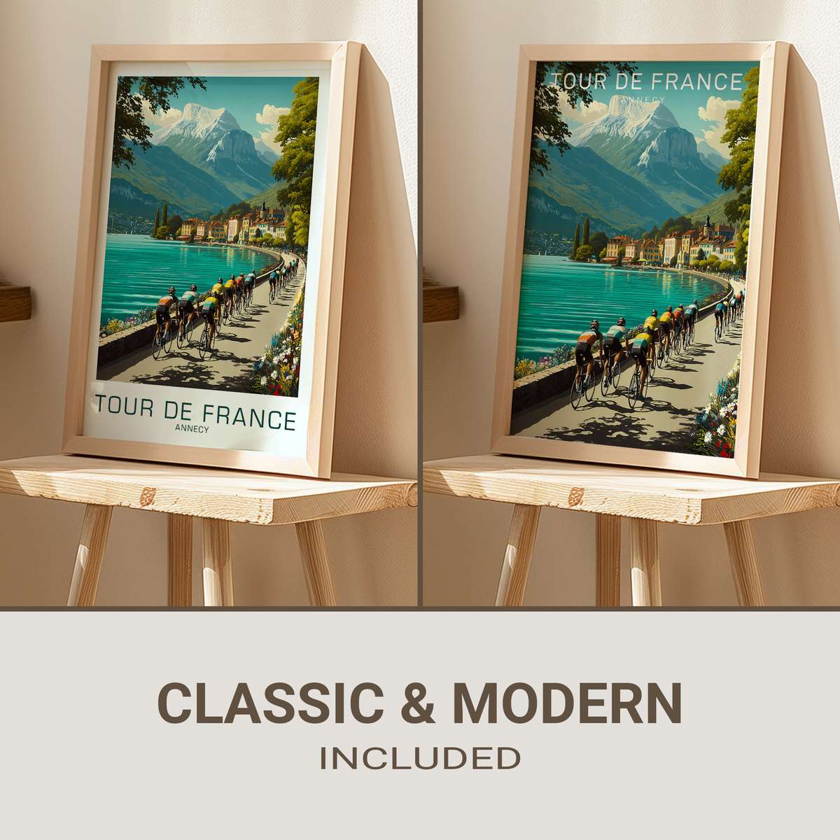 Vintage-style poster view of Lake Annecy with distant cyclists, soft alpine light and resort buildings along the shore