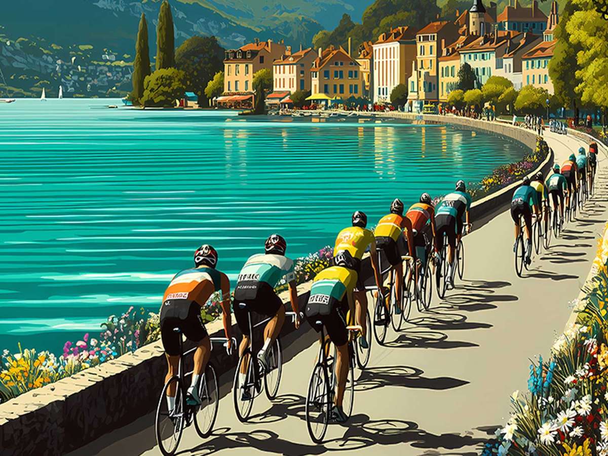 Close-up of cyclists bathed in warm alpine sunlight, emphasizing elongated shadows and retro race jerseys