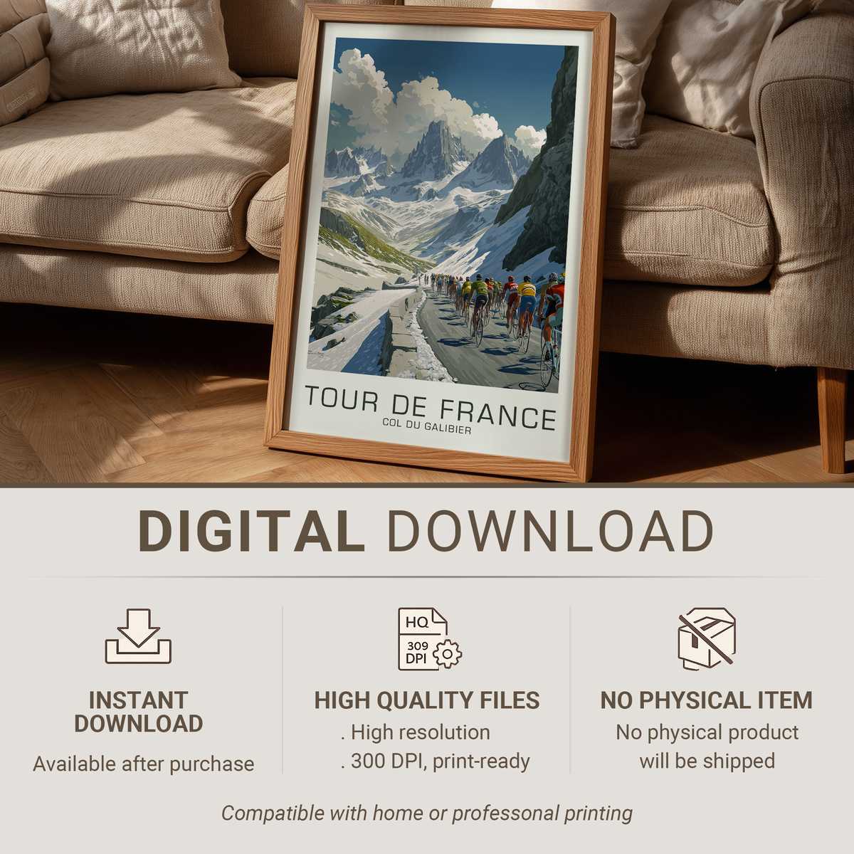 Retro poster style silhouette of a cyclist cresting the Col du Galibier summit with mountain ridges and a pale sky