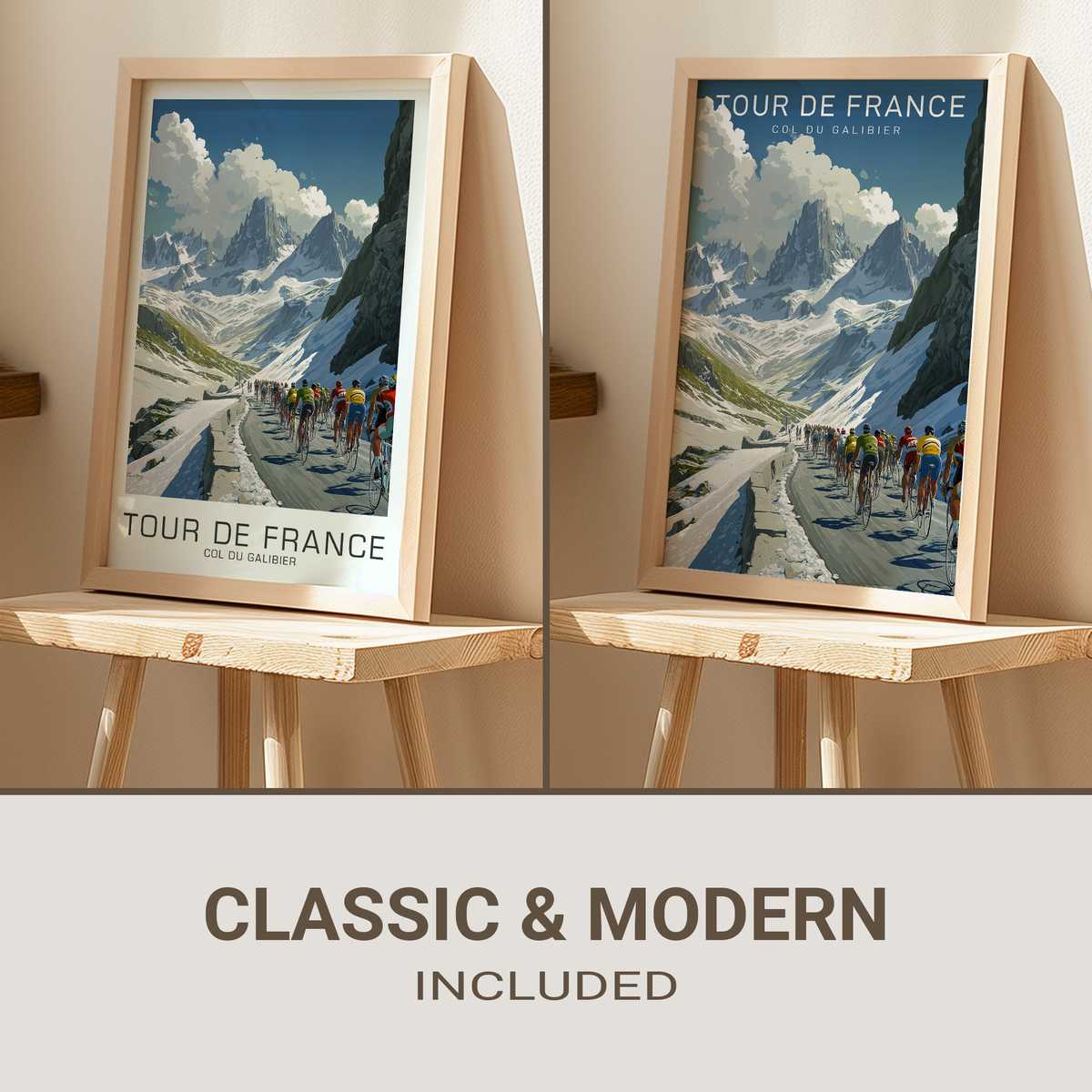 Retro poster style silhouette of a cyclist cresting the Col du Galibier summit with mountain ridges and a pale sky